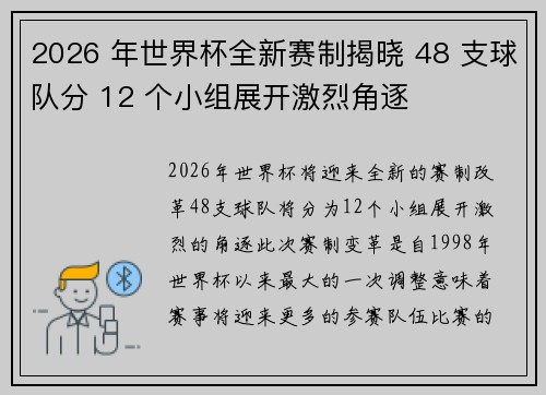2026 年世界杯全新赛制揭晓 48 支球队分 12 个小组展开激烈角逐